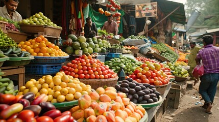 A market with a variety of fruits and vegetables, including tomatoes, apples