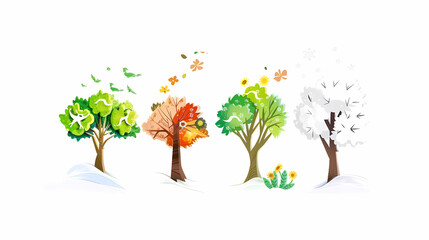 Four seasons tree isolated on white background, spring with flowers, green summer, yellow autumn, snow winter. Vector illustration. Paper cut cartoon style,