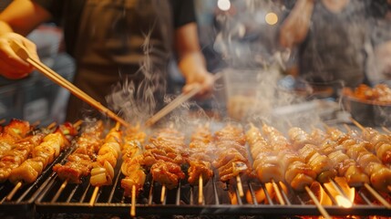 A man is cooking food on a grill with a lot of smoke