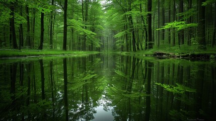 Obraz premium A serene forest scene mirrored perfectly in the still waters of a tranquil pond.