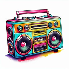  A colorful, 80s style illustration of a boombox with chrome accents, light reflecting off its surface.