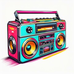 A colorful, 80s style illustration of a boombox with chrome accents, light reflecting off its surface.