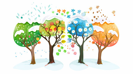 Four seasons tree isolated on white background, spring with flowers, green summer, yellow autumn, snow winter. Vector illustration. Paper cut cartoon style,