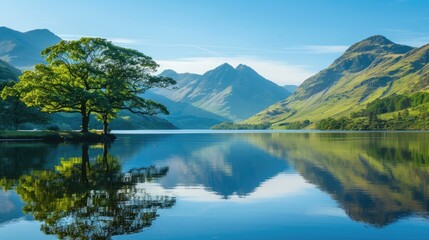 Fototapeta premium Beautiful lake, sunlight shining through tree and mountains reflecting on water with blue sky, sunny summer day