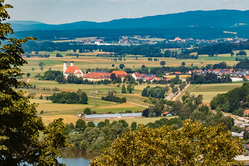 Summer view during the flood 2024 seen from Mount Bogenberg, Bogen, Danube, Bavaria, Germany