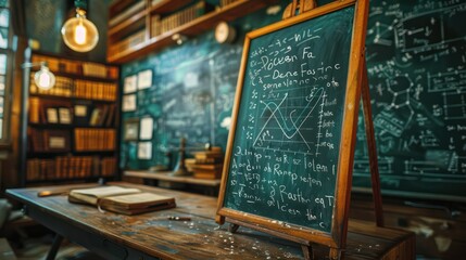 A chalkboard with equations and a wooden frame on a desk