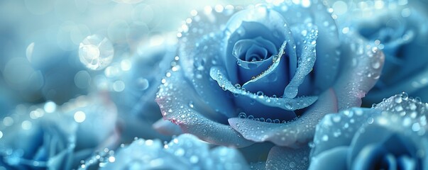 Elegant blue roses with water droplets creating a serene background