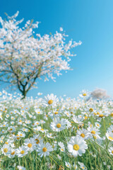 spring flowers, a meadow dotted with daisies, under a clear blue sky, natural fresh daisy wallpaper