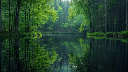 Fototapeta premium A serene forest scene mirrored perfectly in the still waters of a tranquil pond.