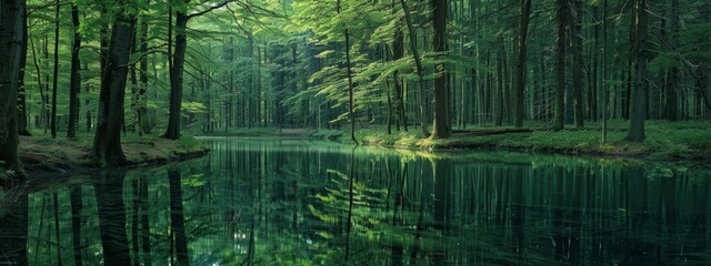 Fototapeta premium A serene forest scene mirrored perfectly in the still waters of a tranquil pond.
