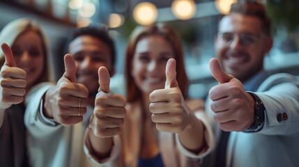 Business Team Celebrating Success with Thumbs Up Group Photo