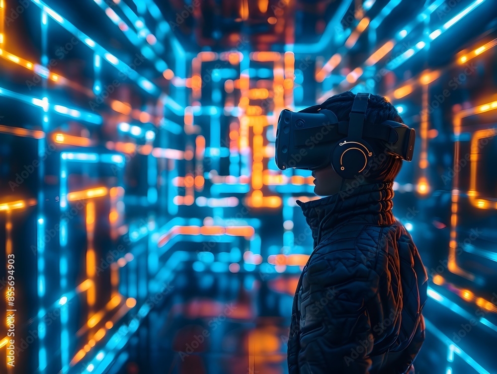 Poster hacker navigating through virtual reality data maze evading digital security measures