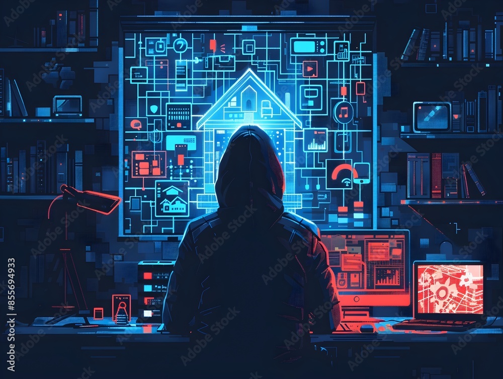 Poster hacker infiltrating smart home system controlling lights security appliances remotely