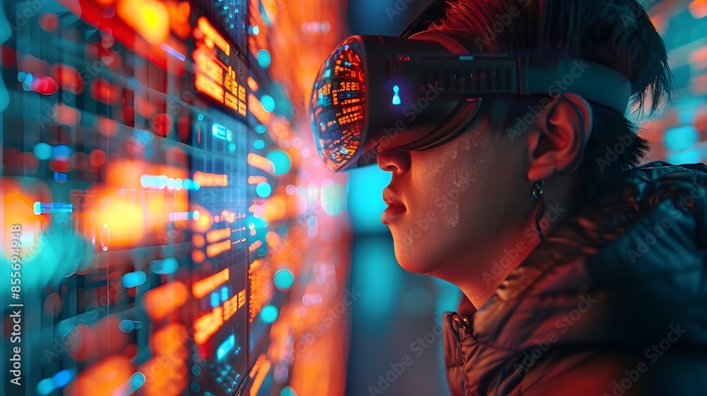 Poster hacker navigating a cyber fortress with virtual reality exploring digital defenses and hidden traps