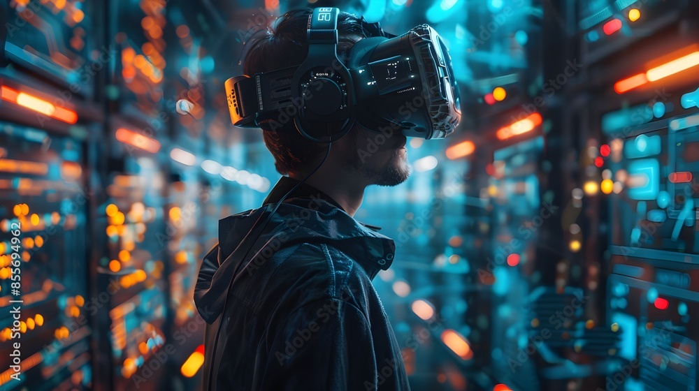 Poster hacker exploring cyber fortress with virtual reality technology and encountering digital defenses an