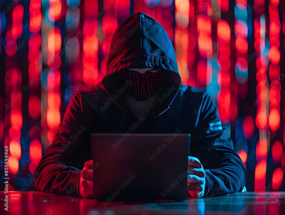 Poster mysterious hacker infiltrating rival network in digital espionage concept