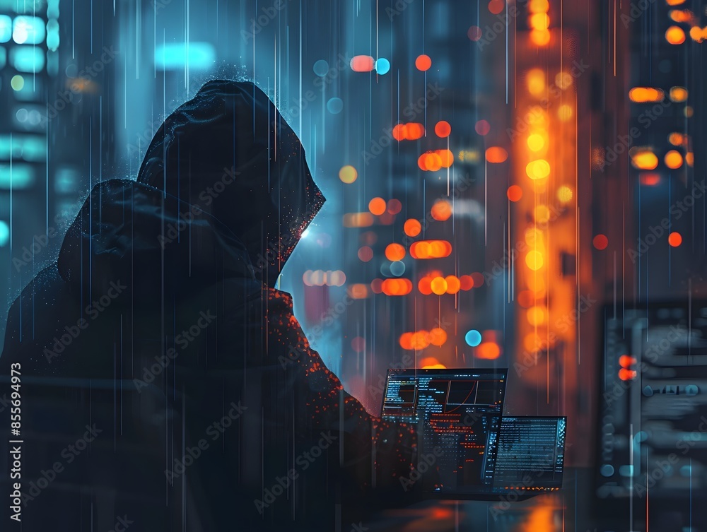 Poster hacker infiltrating rival network digital espionage and counter hacks displayed in night city backdr