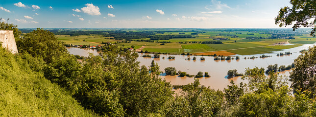 Obraz premium High resolution stitched summer panorama during the flood 2024 at Mount Bogenberg, Bogen, Danube, Bavaria, Germany