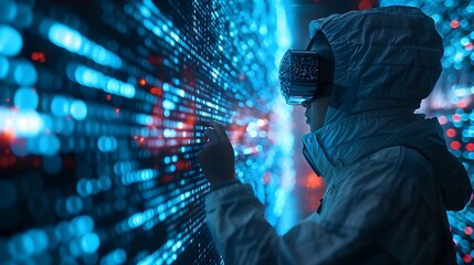 Hacker Navigating a Cyber Fortress with Virtual Reality Uncovering Digital Defenses and Hidden Traps