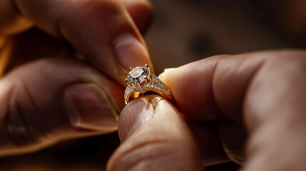 Obraz premium Macro shot of a jeweler's hands meticulously setting a diamond into an engagement ring band.