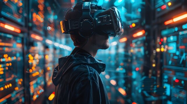 Hacker Exploring Cyber Fortress with Virtual Reality Technology and Encountering Digital Defenses and Hidden Traps