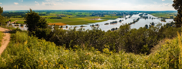 High resolution stitched summer panorama during the flood 2024 at Mount Bogenberg, Bogen, Danube,...