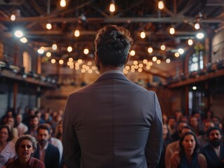 Fototapeta premium Confident CEO Delivering Motivational Speech to Engaged Business Audience