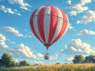 Naklejka premium Red and white hot air balloons soar among cotton candy clouds in the blue sky. Illustration.