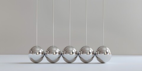 3D render of a silver Newton's cradle with five balls against a white background, petanque, iron balls, photo background
