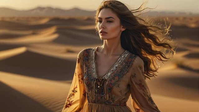 Beautiful elegant girl model in a dress in the desert

