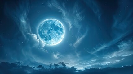 Fototapeta premium A large blue moon is shining brightly in the night sky