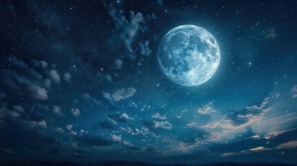 A dramatic night sky with a full moon and wispy clouds.