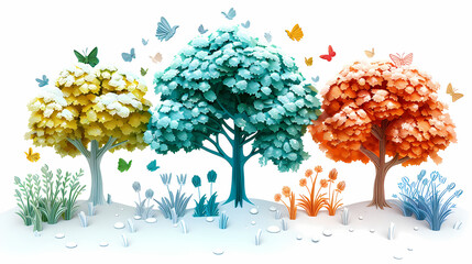 Four seasons tree isolated on white background, spring with flowers, green summer, yellow autumn, snow winter. Vector illustration. Paper cut cartoon style,