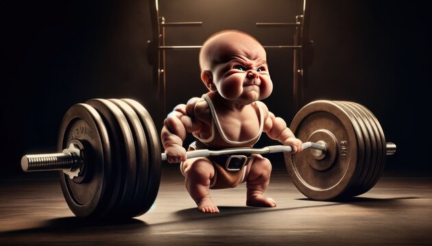 comically exaggerated muscles in a dramatic gym-like setting, attempting to lift an oversized barbell. The baby has a fierce