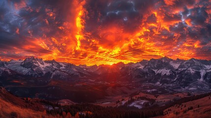 A beautiful sunset over a mountain range with a red and orange sky
