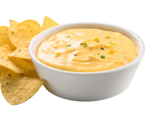 a bowl of cheese dip and chips