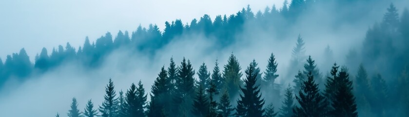 Fototapeta premium misty forest silhouette with fog and pine trees in blue hues.