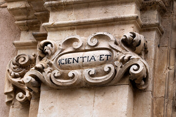 Noto baroque building detail Sicily, Italy scientia english science
