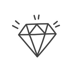 Cute diamond icon. Hand drawn monochrome illustration of a shining crystal isolated on a white background. Kawaii sticker. Vector 10 EPS.