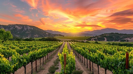 Fototapeta premium A beautiful sunset over a vineyard with rows of grape vines