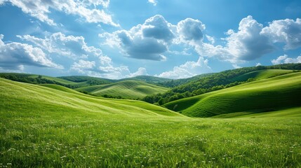 Fototapeta premium A large, open field with a clear blue sky and fluffy white clouds