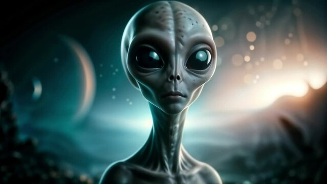 Close Up View of Grey Alien With Large Eyes in a Cosmic Setting