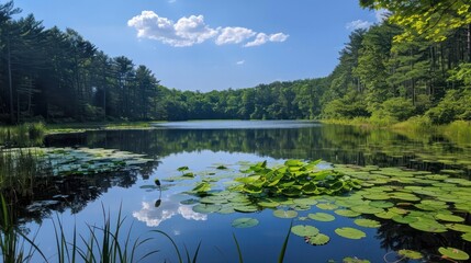 Fototapeta premium A lake with a lot of lily pads floating on it