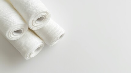 White medical bandages rolled up on white background with space for text
