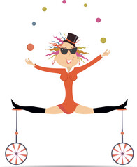 Equilibrist woman on the unicycle juggles balls.  Sexy young woman in the top hat balances on two unicycles and juggles the balls. White background  © bigmen
