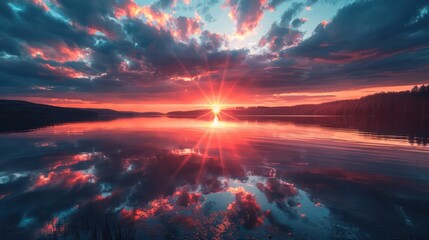 Fototapeta premium A beautiful sunset over a lake with a bright sun reflecting on the water
