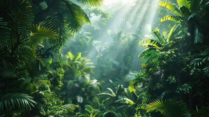 A lush jungle with a bright sun shining through the trees