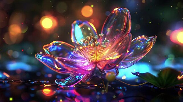 Video of beautiful flower made of glass with glowing effect and lighting. 