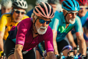Close-up shot of a diverse group of elderly cyclists during a competitive race