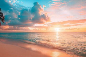 Obraz premium Summer closeup sunset sea sky landscape. Colorful ocean beach sunrise. Beautiful beach reflections calm waves, soft sandy beach.